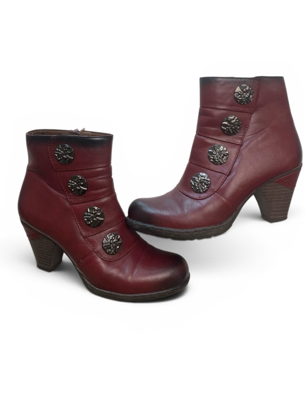 Vangelo Burgundy Button-Accent Leather Ankle Boots, Lined, Side Zipper